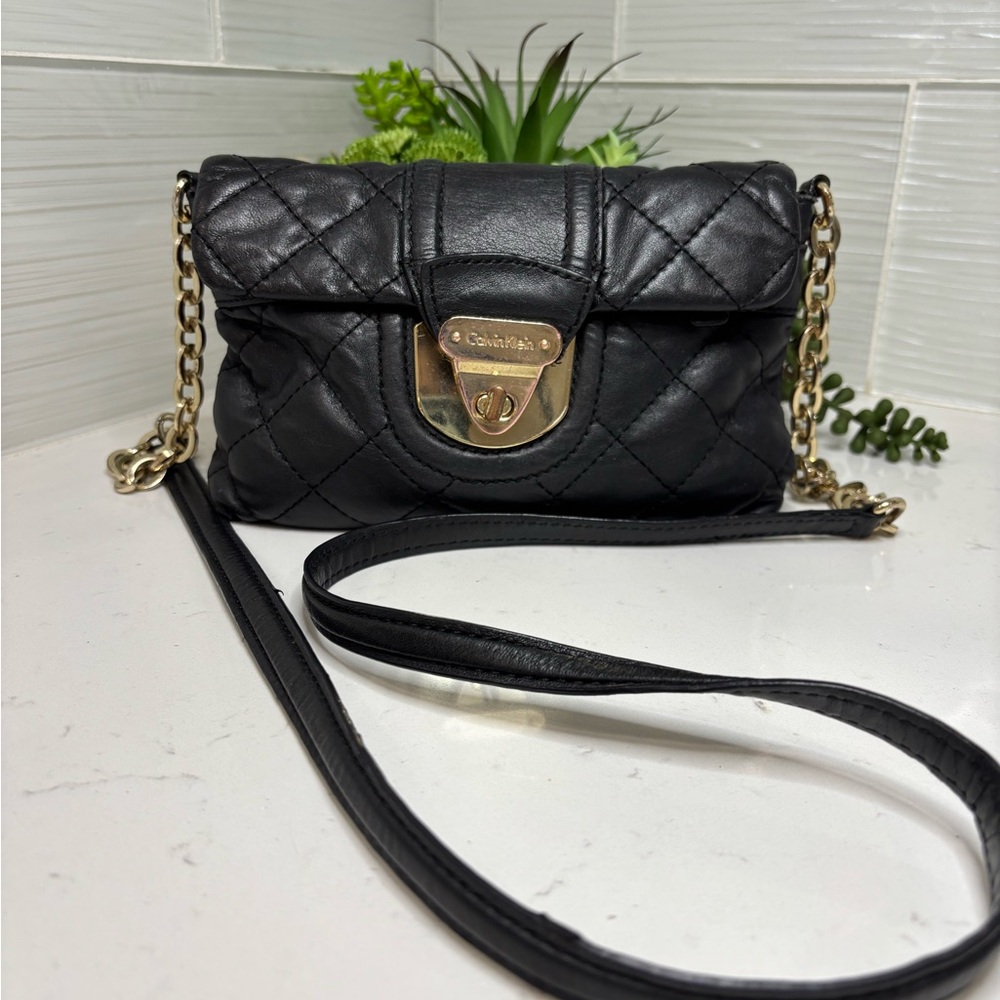 Calvin Klein Quilted Flap Crossbody Mini Bag Y2K Clutch Purse BLACK Leather
